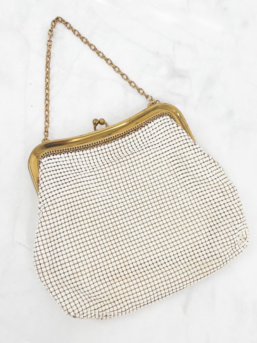 Whiting and Davis Enamel Mesh Evening Bag Vintage White Goldtone